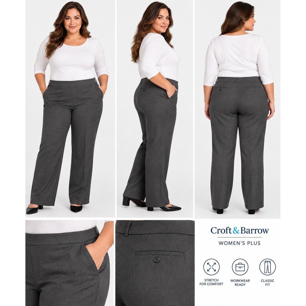 Croft & Barrow Womens Plus 24W Regular Gray Stretch Workwear Classic Fit Pants